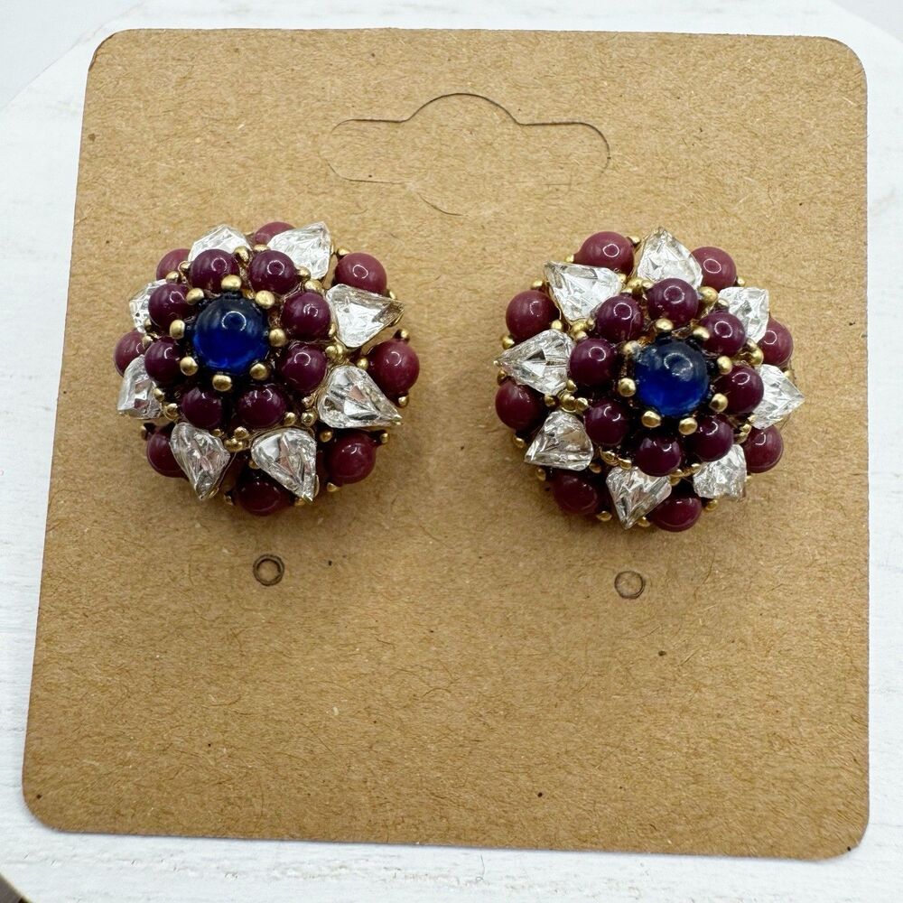 blue and purple cabochon teardrop rhi estone large stud earrings gold tone